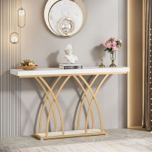 Table console dorée de 140 cm, table d'entrée moderne en faux marbre derrière le canapé, table de couloir étroite longue avec pieds géométriques en