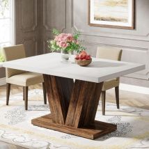 Tribesigns Table de salle à manger de 120 cm pour 4 personnes, table de cuisine blanche avec piédestal robuste, table en bois de ferme pour la