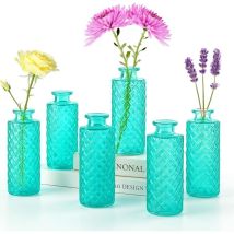 Trintion 6er Set Glasvasen Klein – Vintage Blumenvasen Für Tischdeko, Hochzeitsdeko & Home Decor (13cm Hoch, Diamantmuster), Mini Vasen Als 