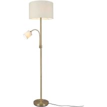 Hotel Piantana Ottone Satinato Con Lampada Da Lettura Paralumi Bianco Crema Con Accensioni Separate H. 170cm 2 Luci Attacco E14-e27