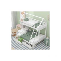 Triple Bunk Bed with Ladder, Three Sleeper, 3FT Single, 4FT6 Double, with drawers and a shelf, Solid Pine Wood Frame, Kids Children, White (90x190cm,