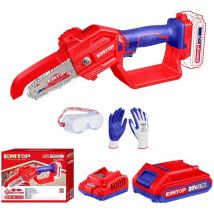 Tronçonneuse à batterie scie à buche élagueuse sans fil emtop 20v avec 1 chargeur + 1 batterie lithium-ion 2.0ah + gant picots pvc lunettes de