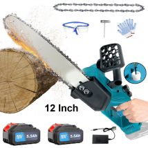 Pedony - Tronçonneuse sans fil, sans balais 12 pouces, puissante tronçonneuse électrique +2 chaînes, 2 batteries 5,5 a + chargeur, tronçonneuse pour