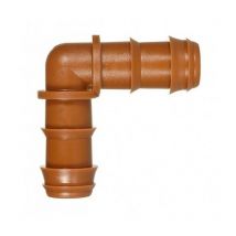 Gerilltes Winkelstück 16 mm für Tropfschläuche. Eckverbindung zur Vereinigung von Schläuchen, braun