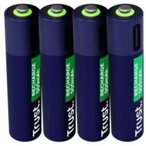 Trust AAA USB-C Akkus 4 Stück, integrierter USB-C Anschluss, kein Ladegerät erforderlich de Akku, Kapazität 500 mAh, Aufladen mit Cable USB