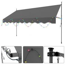 Tubiaz - Auvent manuel avec poignée Pas perçage nécessaire Résistant au soleil et à l'eau Réglable hauteur Avec guirlandes lumineuses Gris 200cm