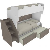 Lit superposé peu encombrant avec troisième lit extractible et échelle latérale - Idéal pour les chambres d'enfants - Blanc et fumée