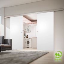 Tür doppelflügelige Holzschiebetür weiß 1510 x 2035 Holztür Holzschiebetürsystem - Quadratgriff + 2 seitiger Softclose