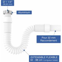Keyouny - Tuyau flexible d'évacuation 13972, 1 1/4 x 32 mm, siphon/piège à odeurs pour lavabo, extensible de 320-880 mm