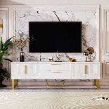 Tv-lowboard 170 Cm, Mit 4 Aufbewahrungstüren, 2 Aufbewahrungsschubladen, Regal, Glänzend, Metallbeine, Skandinavische Wohnzimmermöbel Aus Holz – Weiß