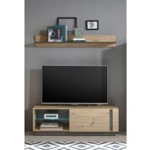 Tv Lowboard Kombination Inkl. Beleuchtung Und Wandboard Cardiff-61 In Eiche Artisan Nb. Mit Absetzungen In Graphit Grau, B/h/t: Ca. 138/165/40 Cm