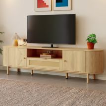 Tv-board Mit 2 Türen, 1 Rattan-schublade Und Offenen Fächern, Kabeldurchführung, Aus Mdf, Natur, 175×36×51 Cm