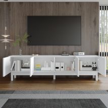 Tv-lowboard Mit 4 Türen Und 2 Einlegeböden, Grifflos Mit Wellenfront, Aus Mdf, Weiß, 169×34×45,5 Cm