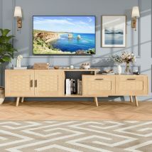 Tv-lowboard Mit Verstellbarer Länge, 169x29x44 Cm, Mit 2 Schubladen Und Stauraumschrank, Hohe Beine, Naturholz-optik