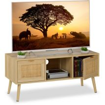 TV-Lowboard, style en rotin, table tv jusqu'à 43 pouces, bois naturel, h x l x p : 45,5x100x40 cm, meuble tv - Relaxdays