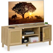 Relaxdays - Meuble tv, Lowboard, style rotin, Console basse jusqu'à 50 pouces, effet bois, HxLxP: 48x115x40 cm, naturel
