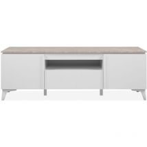 TV-Möbel mit 2 Türen, 1 Schublade und 1 offenem Fach, Dekor Travertin und Weiß, 150 cm – BERTRIX