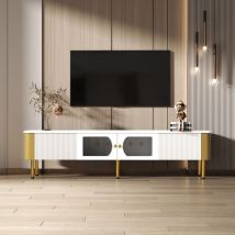 Eifson - TV-Schrank 170 cm, strukturierte Glastüren, zwei große Schubladen, goldene Griffe und Füße, abgerundete Kanten, perfekt für Wohnzimmer und