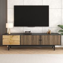 Tv-schrank 180 X 38 X 50 Cm, Niedriges Sideboard Mit Türpaneelen Im Wasserwellenmuster, 3 Schubladen, Holz Und Schwarz