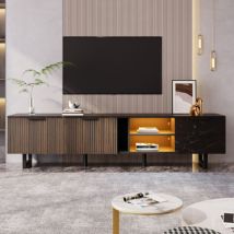 Tv-schrank 200 Cm Mit Schwarzem Marmor-effekt – Dunkle Holztüren, Einstellbare Led-beleuchtung, 2 Türen Und 2 Schubladen, Kompatibel Mit 