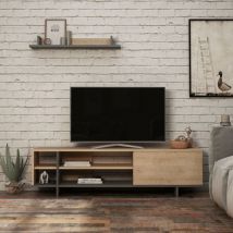 Veriaffari – TV-Ständer Stockton aus anthrazitfarbener Eiche – 160 x 35,5 x 44 cm – 1 Klapptür, 2 offene Fächer, Wandregal