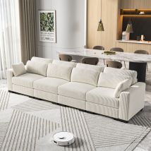 Kefsr- U-förmiges Ecksofa, Wohnzimmersofa, Modulares 4-sitzer-sofa, Mit Kissen, Cordstoff, Rahmenlos, Für Wohnzimmer, Büro (weiß)