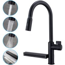 Ubeegol - Küchenarmatur Schwarz – Wasserfall-Küchenhahn mit 360° Drehung, Herausziehbare 3-Strahl-Dusche, Temperaturregler, Messingkörper