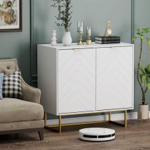 UEV Buffet Bas à 2 Portes, Armoire de Rangement avec Étagère Réglable à 3 Positions, Support 65kg, Manche et Pieds en Métal Couleur Doré, pour Salon,
