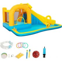 UEV - Hüpfburg 6-in-1, Aufblasbare Wasserpark Springburg Spielbecken mit Rutsche Wasserpistole Ringwurf Basketball Kletterrampe, 451x347x223cm