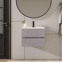 Meuble Salle de Bain avec Deux Tiroirs, Meuble Suspendu 60cm, avec Lavabo en Céramique, Tiroirs avec Grand Espace de Rangement, Poignée cachée, 60 x