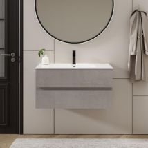UEV - Mobile da Bagno con Due Cassetti, Unità a Parete da 90 cm, con Lavello in Ceramica, Cassetti con Ampio Spazio di Archiviazione, Maniglia
