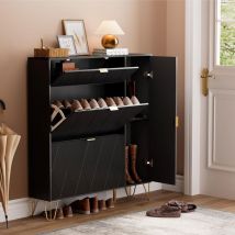 UEV Schuhschrank mit 2 Klappen und 2 Türen, 110x24x120cm, Schuhkommode, Schuhschrank schwarz, Schuhkipper schmal, Schrank Flur Schuhkommode im Flur,