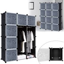 Uisebrt - Armoire Penderie Armoire Portable diy, Étagère de Rangement, Portable Storage Modulable Meuble, 12 Cubes avec Porte, Noir avec Motif
