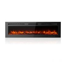 60-Inch Stylish Ultra-Thin Low-Noise Electric Fireplace, 12-Colour Adjustable Breathing Flames, with Crystal & Log Kits, Glass Touchscreen, Remote