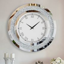 UNHO Contemporary Round Glass Wall Clock Crystal Diamond Inlay - Silver