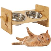 Ciotola Rialzata per Gatto Cani in bambù Doppia Ciotola - Ciotole in Acciaio Inox Ciotola inclinate per Gatti Altezza Regolabile