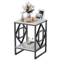 Table Basse Marbre Table d'Appoint Carrée à 2 Niveaux en Marbre Cadre en Fer Table de Chevet pour Salon Chambre - Noir 40x40x58.5cm - Unho