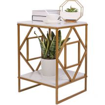 Table Basse Marbre - Table d'Appoint Carrée à 2 Niveaux - Plateau en Marbre Cadre en Fer - Table de Chevet pour Salon Chambre - 40x40x58.5cm - Blanc