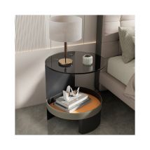 Table d'appoint Ronde en Verre Trempé, 2 Niveaux Bout de Canapé avec Rangment en Cuir de Selle, Vintage Table de Chevet pour Livres Café Lampe