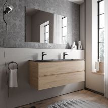 Bernstein - Unterschrank ava 120 cm mit Mineralguss Waschbecken cream - Badmöbelfarbe Eiche Honiggold, Waschbecken Schwarz matt mit Hahnloch