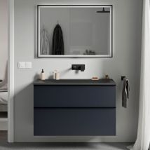 Bernstein - Badmöbel Unterschrank lavoa 100cm mit Mineralguss Waschbecken cream Badmöbel: Mitternachtsblau matt, Metallgriff: Chrom, Waschbecken: