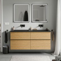 Bernstein - Unterschrank lavoa 120 cm mit Mineralguss Waschbecken bruxelles - Metallgriff Anthrazit matt, Eiche Honiggold, Waschbecken Schwarz matt