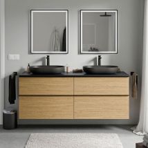 Bernstein - Unterschrank lavoa 160cm für Aufsatzwaschbecken Badmöbel: Eiche Honiggold, Metallgriff: Schwarz matt, Waschtischplatte: Mitternachtsblau