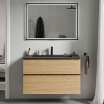 Bernstein - Unterschrank lavoa 80 cm mit Mineralguss Waschbecken bruxelles - Griff Anthrazit matt, Badmöbelfarbe Eiche Honiggold, Waschbecken Schwarz