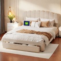 Upholstered bed 160x200 cm,Double bed, Youth bed,Adjustable headboard with usb Port, large drawer storage,skin-friendly Teddy Velvet, Beige