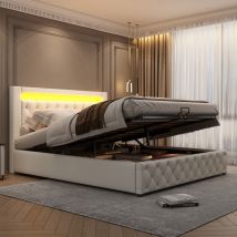 Abrihome - Upholstered Bed with Slatted Frame and Storage Space, led Lighting in Different Colors, pu, White, 150 x 200 cm