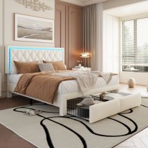 Upholstered bed, adults teenagers 4ft6 double bed 135x190cm, Comfortable headboard, 2 drawers, Iron bed legs, with 16 colors LED-light strips,