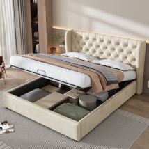Abrihome - Upholstered Bed with Hydraulic Lever, Functional Bed from Storage, without Mattress, Velvet, Beige, 135 x 190 cm