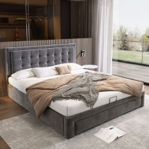 Upholstered Bed,Double Bed, Velvet Fabric, Large Storage Space,With Slats and Headboard,Without Mattress,Grey,135x190cm