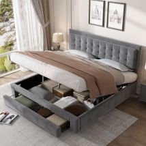Abrihome - Upholstered Bed,Super King Size Bed, Velvet Fabric, Large Storage Space,With Slats and Headboard,Without Mattress,Grey,180x200cm